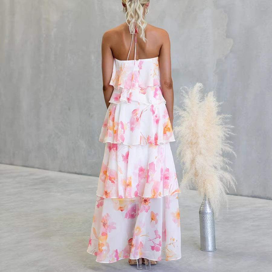 Women's Sexy Boho Vacation Chiffon Print Halter-Neck Lace-Up Dress