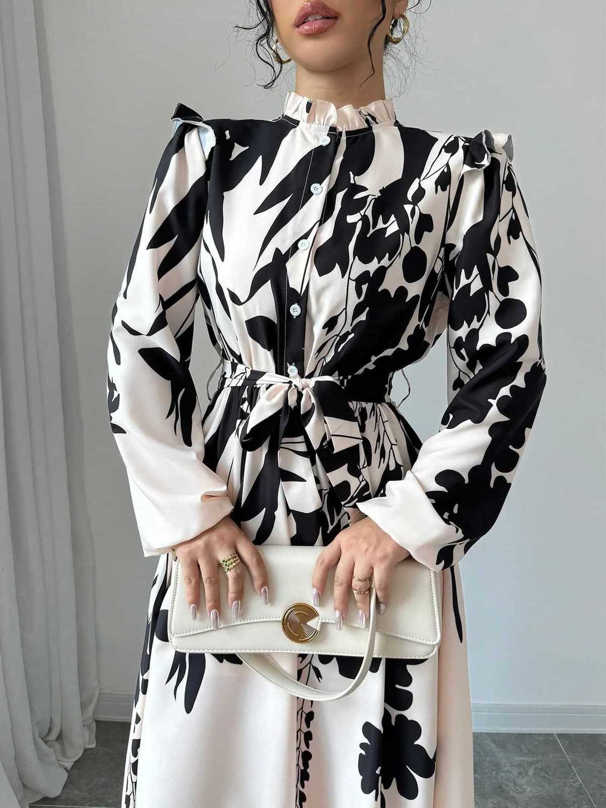 Women's Elegant Floral Printed Long Sleeve Lace-Up Front Buckle Dress
