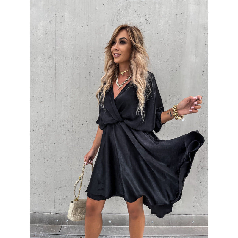 Spring Summer Solid Color Satin Loose Casual Vacation V-Neck Dress