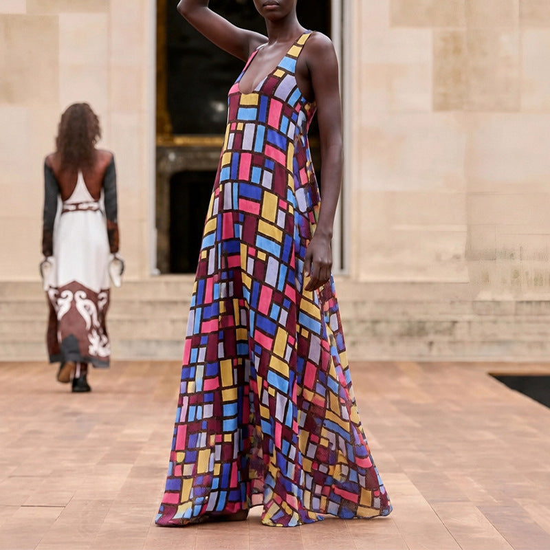 Women's Casual Summer Geometric Printed Sleeveless Long Dress