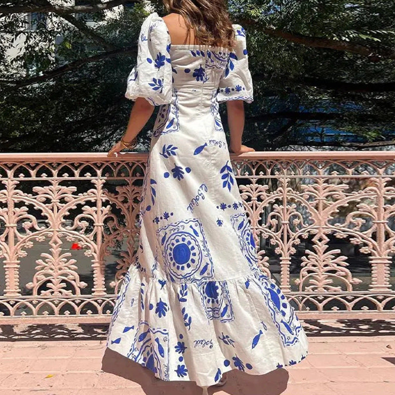 Women's Casual Summer Printed Puff Sleeve Tight Waist Dress