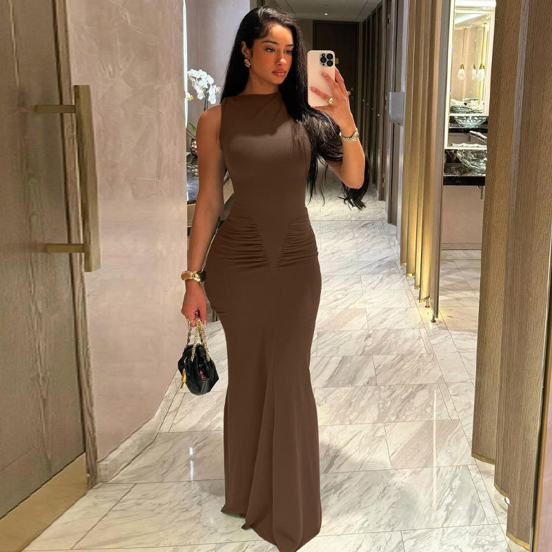 Women's Sexy Elegant Solid Color Slim Fit Pleated Sleeveless Dress