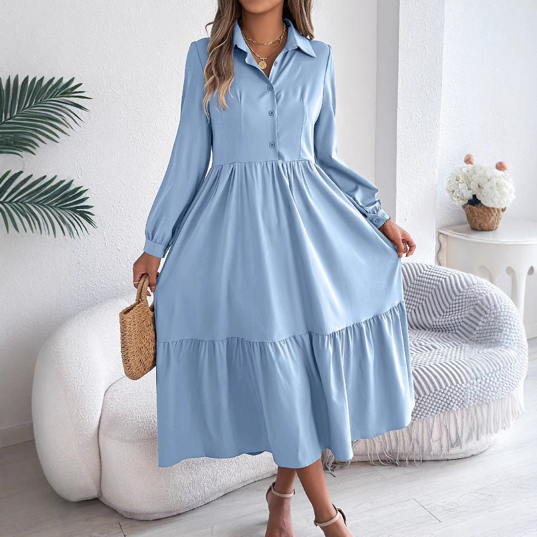 Women's Spring Casual Loose Long Sleeve Ruffled Shirt Dress