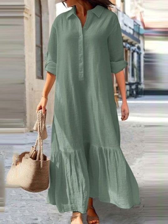 Women's Casual Plus Size Cotton Linen Lapel Maxi Dress