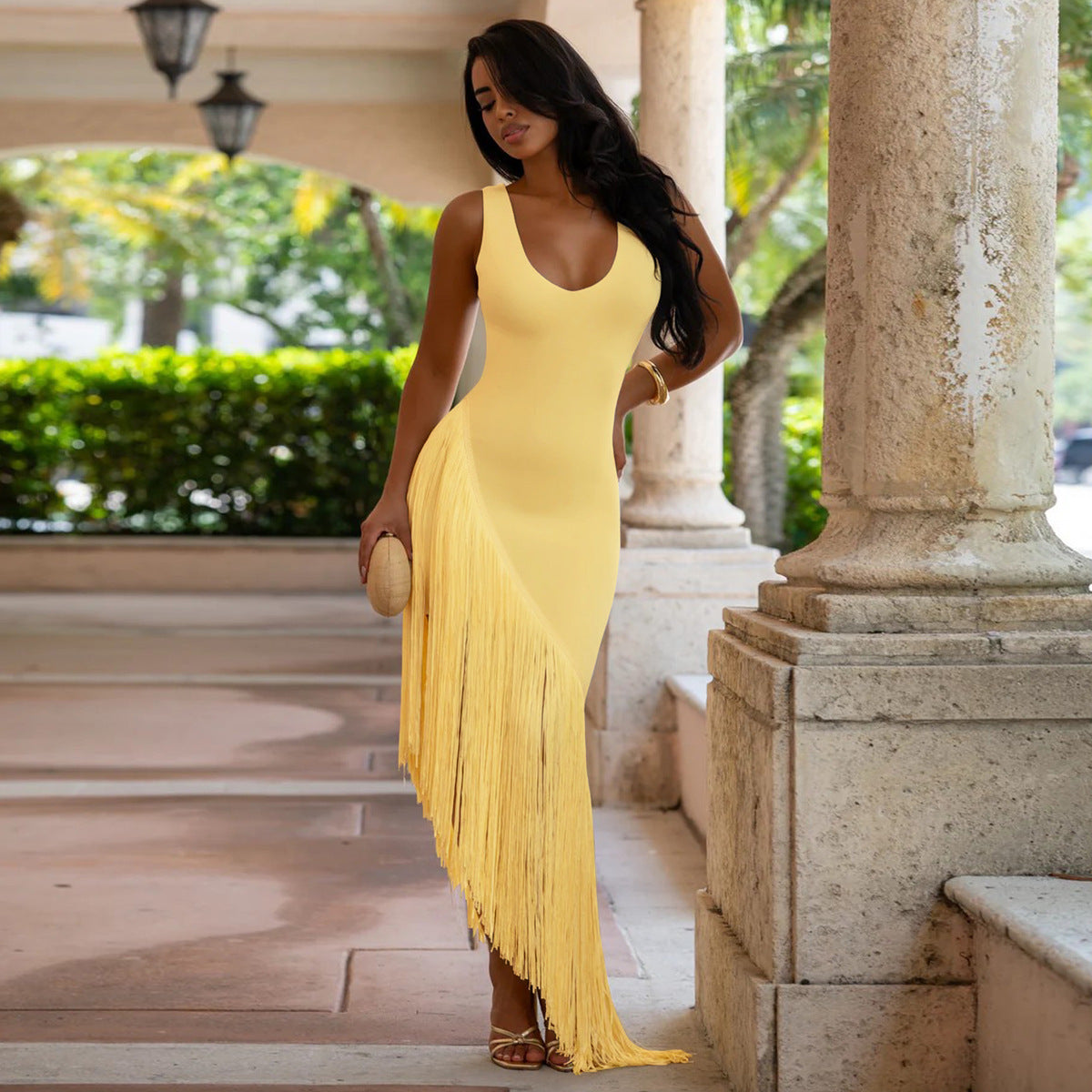 Women's Sexy Solid Color Irregular Fringe Hem Maxi Dress