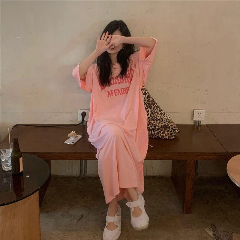 Women's Casual Loose Crewneck Alphabet Print Maxi Dress