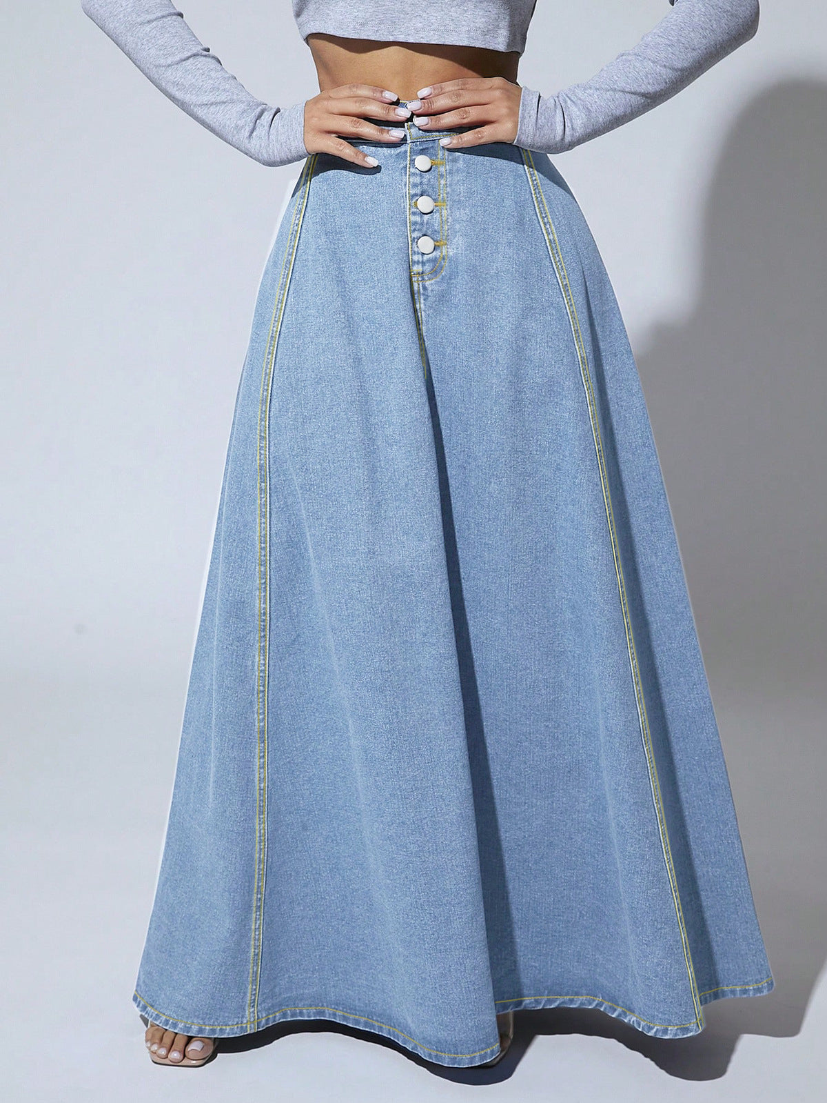 Women's Single-Breasted Denim A-Line Skirt Style Long Dress