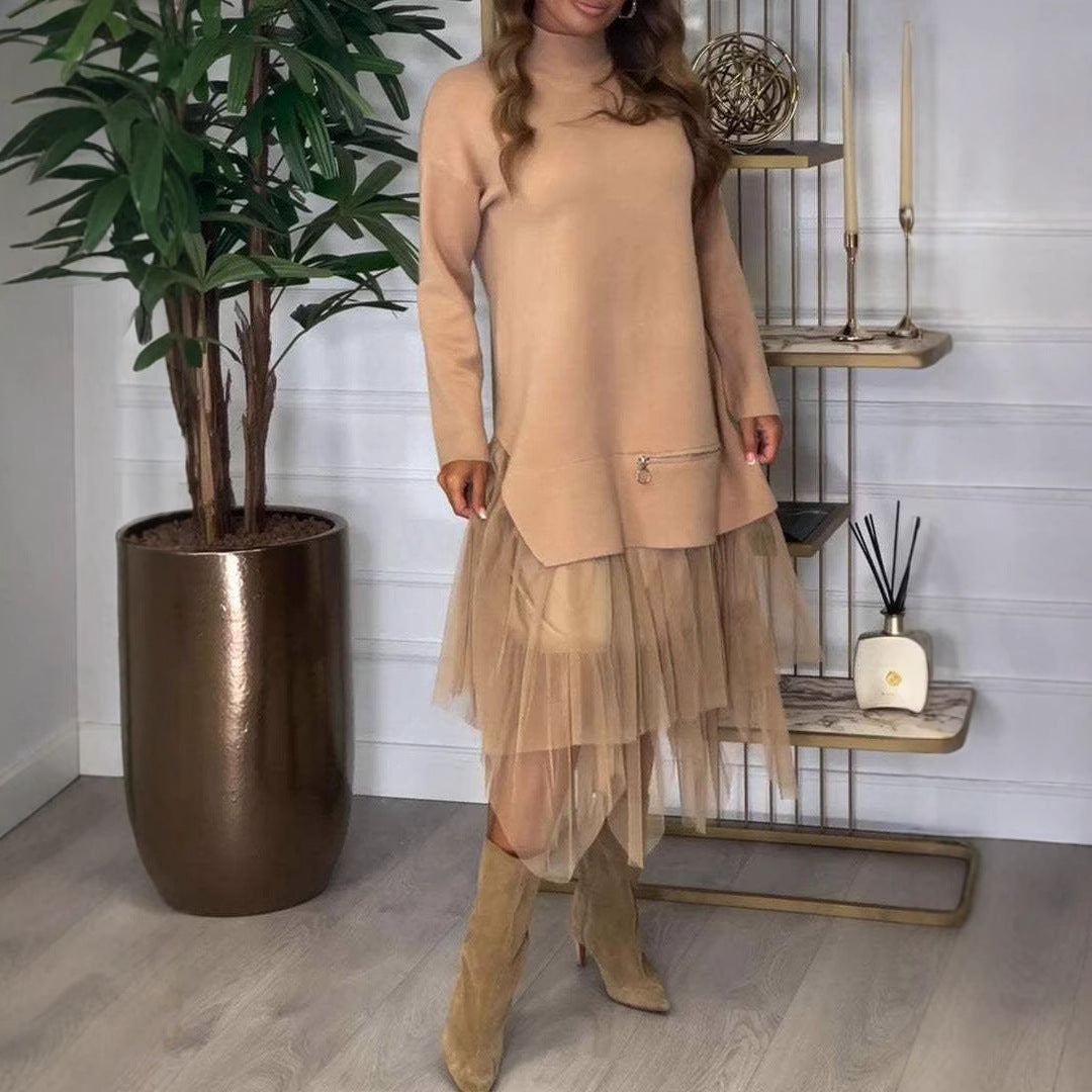 Women's Casual Mesh Stitching Long Sleeve Pullover Midi Dress