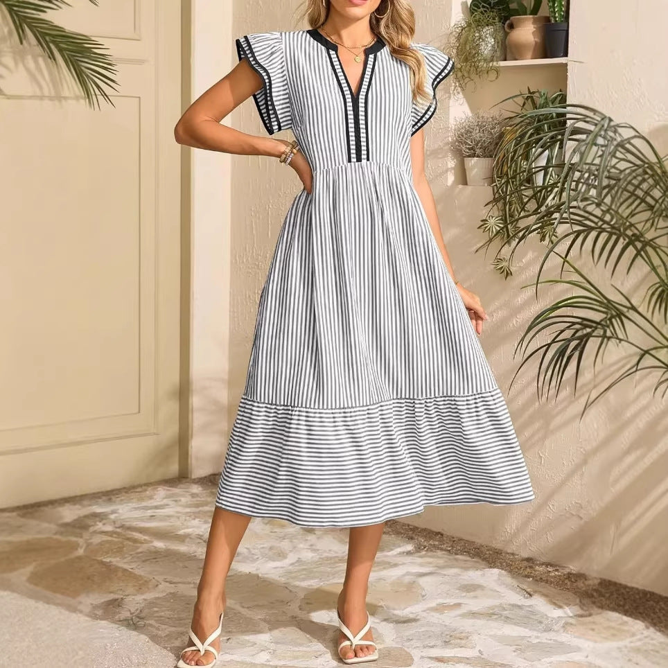 Women's Casual Stripe Ruffled V-Neck Short Sleeve Loose Dress