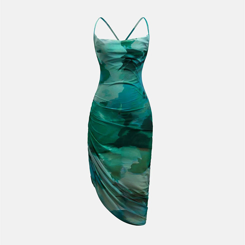 Women's Sexy Summer Tie-Dye Spaghetti Strap Drawstring Slim-Fit Dress
