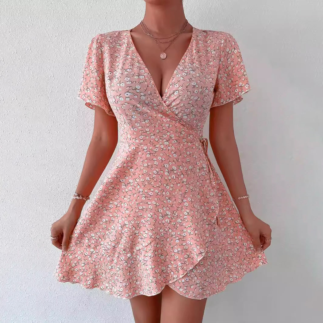 Women's Casual Floral Printed V-Neck Short Sleeve Lace-Up Waist Dress