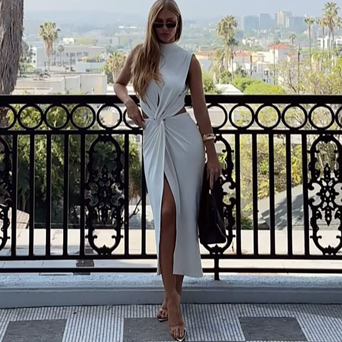 Women's Sexy Solid Color Irregular Hollow-Out Sleeveless Maxi Dress