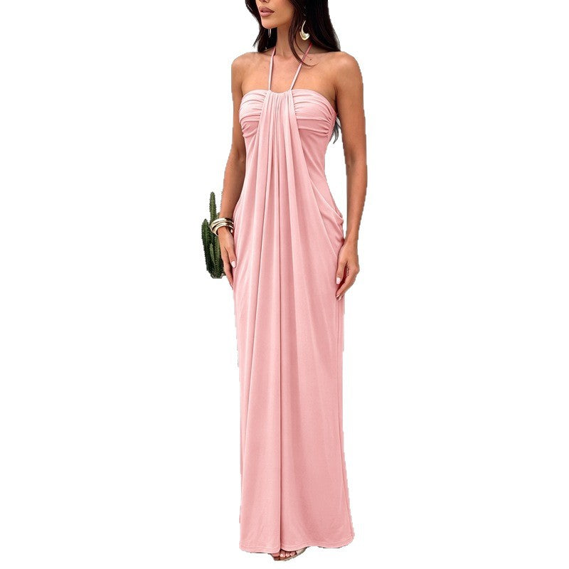 Women's Sexy Summer Solid Color Halter-Neck Lace-Up Backless Dress