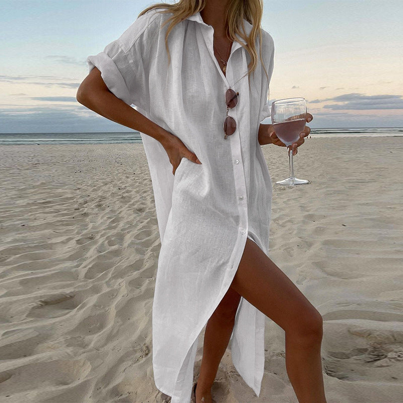 Women's Casual Cotton Linen Shirt Maxi Dress, Solid Color
