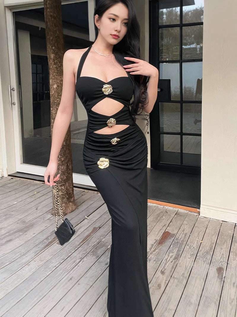 Women's Elegant Metal Button Hollow Neck Bodycon Maxi Dress
