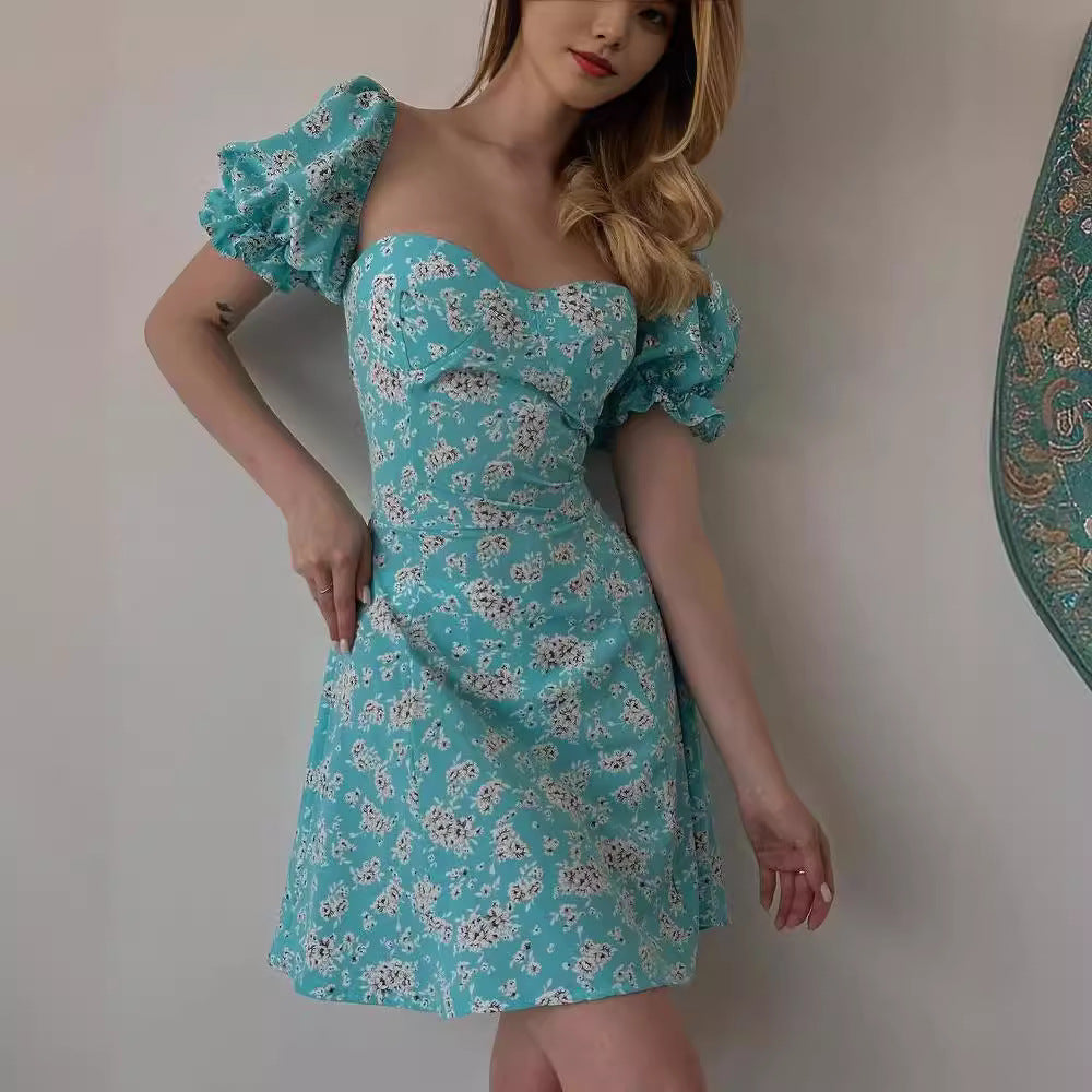 Women's Summer Casual Tiny Flower Print Backless Strap Short Sleeve Midi Dress