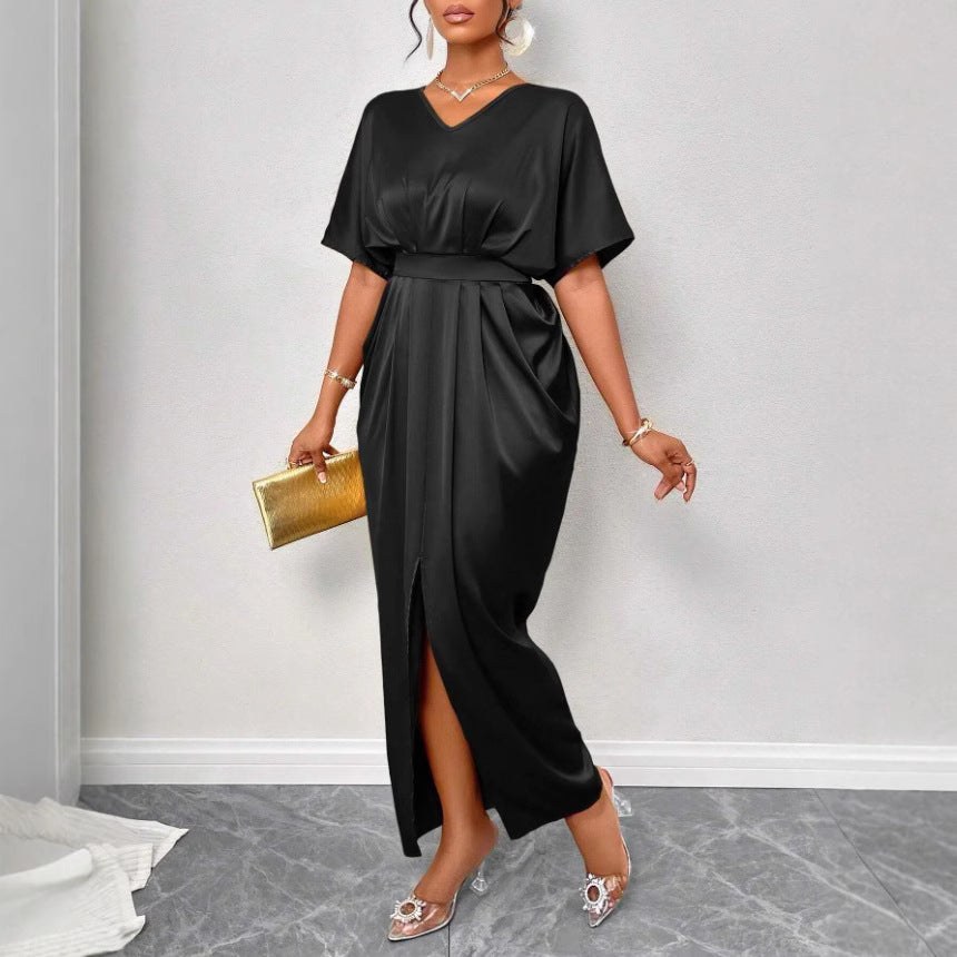Women's Elegant Solid Color Satin V-Neck Short Sleeve Waist Dress