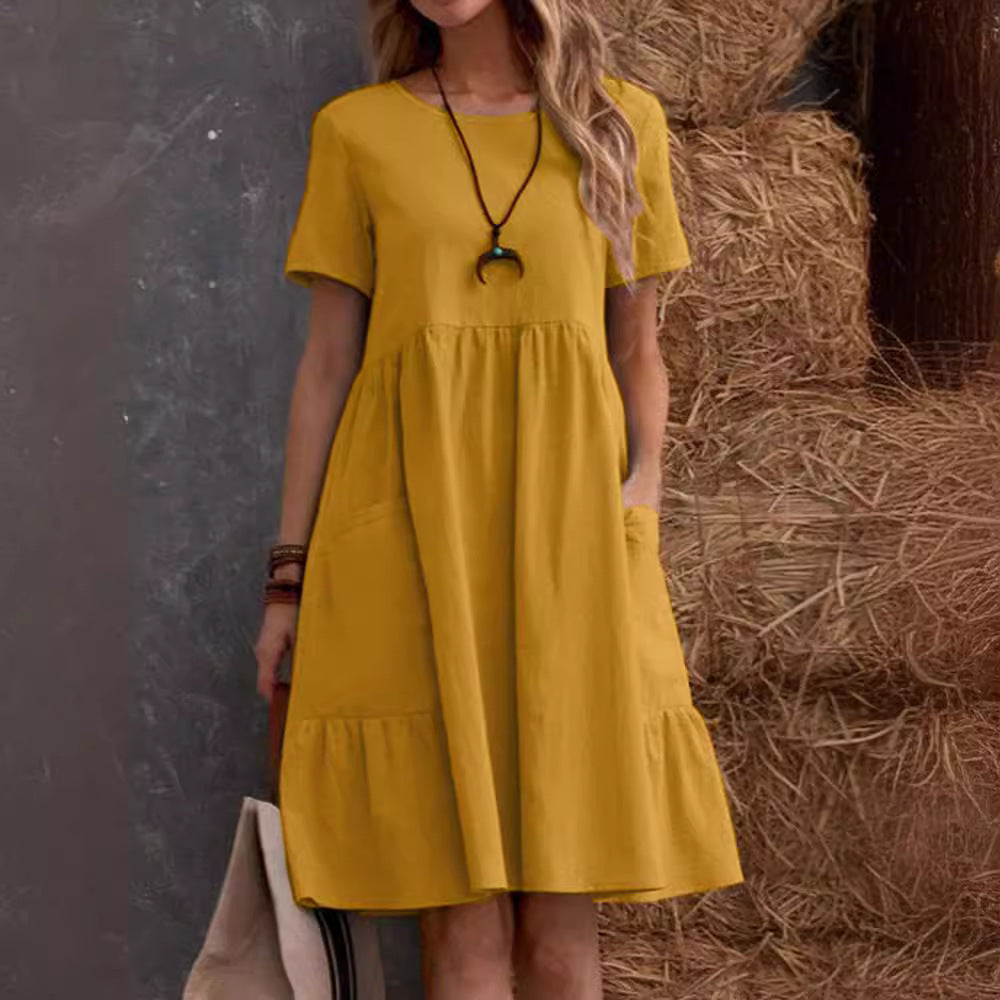 Women's Casual Cotton Linen Loose Solid Color Round Neck A-Line Dress