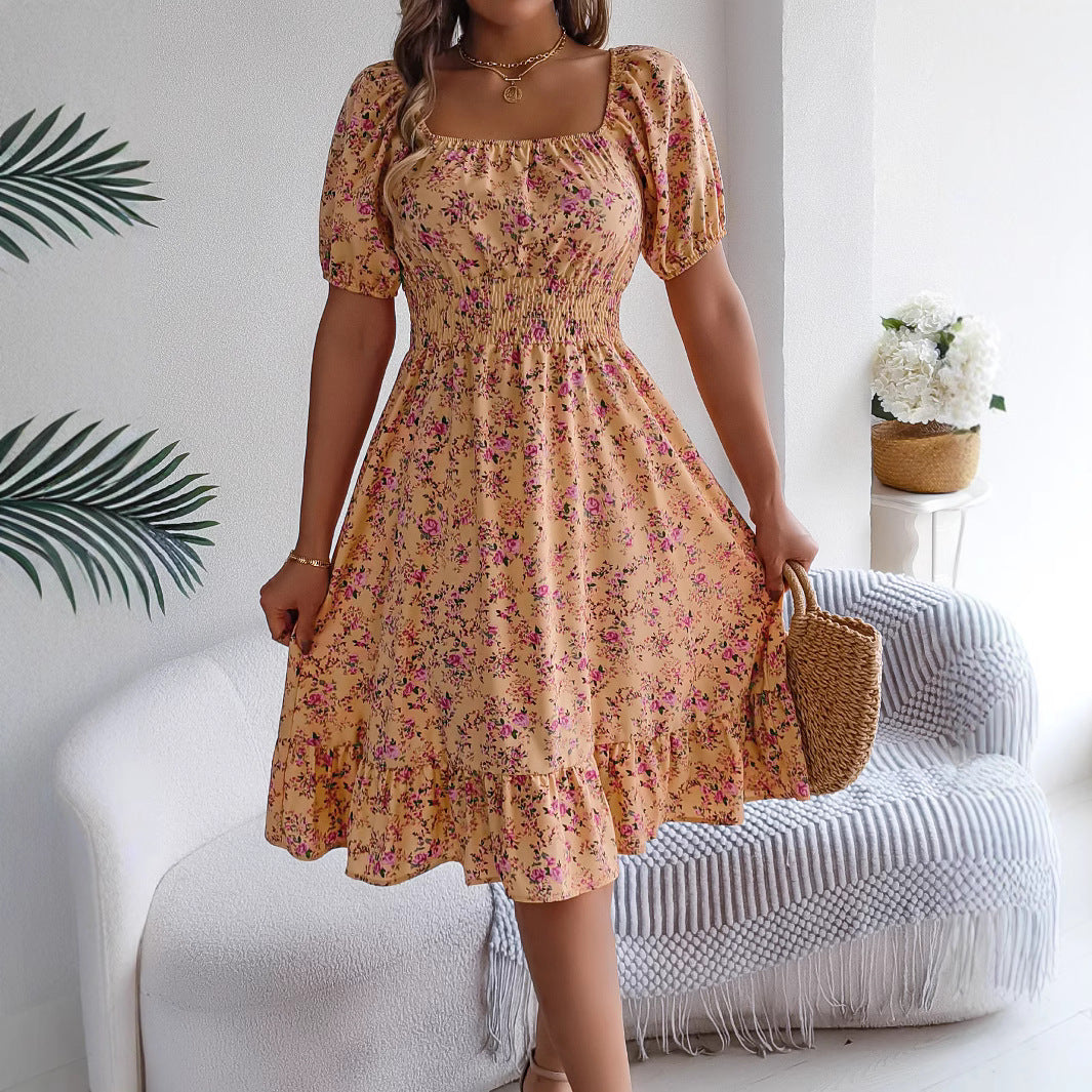 Women's Sexy Square Collar Short Sleeve High Waist A-Line Floral Dress