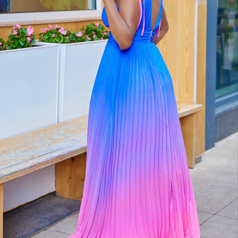 Women's Summer Vacation Gradient Color Backless Maxi Dress