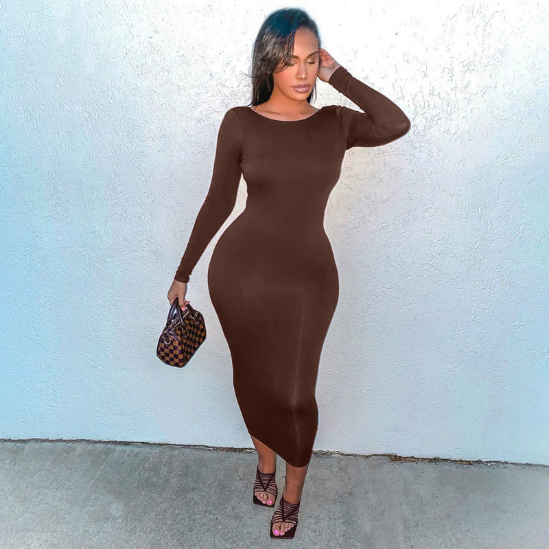 Women's Autumn Basic Solid Color Round Neck Backless Long Sleeve Midi Dress