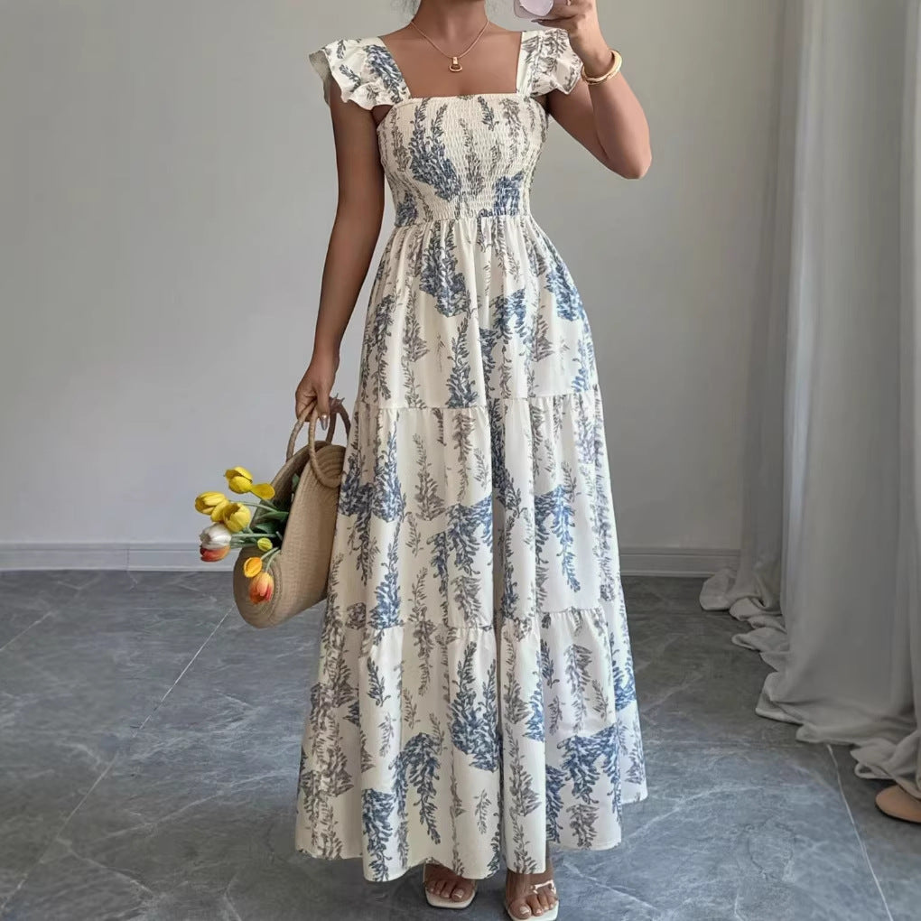 Women's Summer Flower Printed Square-Neck Short Sleeve Tight Waist Long Dress