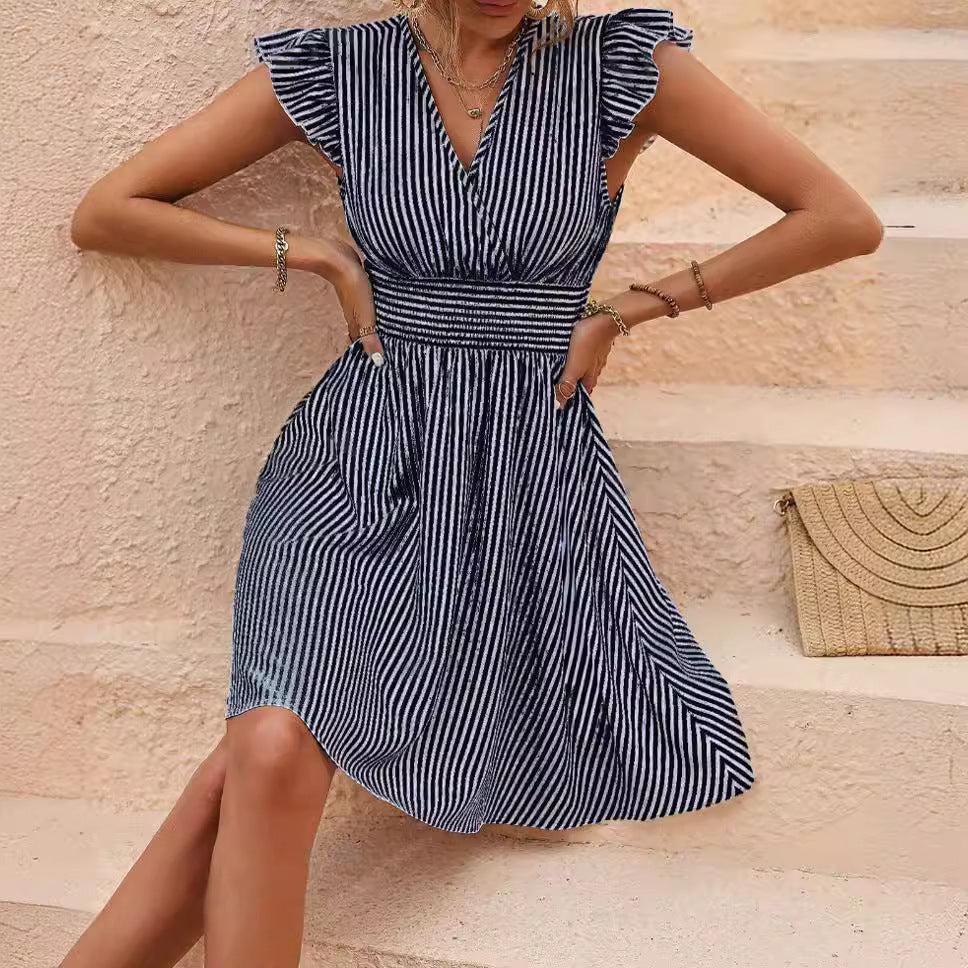 Women's Stripe Print Ruffled Sleeve A-Line Dress