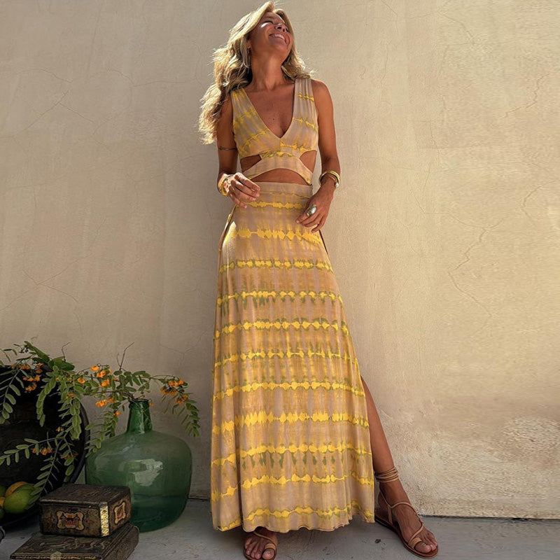 Graphic Print V-Neck Slim-Fit Women Casual Cut Out Maxi Boho Dress