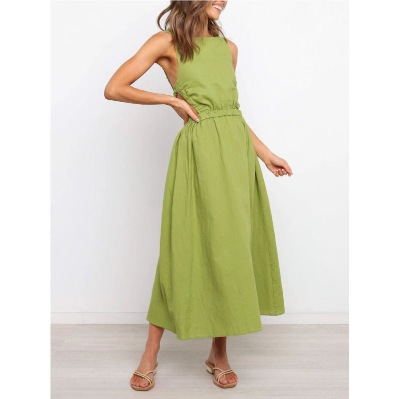 Women's Solid Color Cut Out Backless Sleeveless Midi Dress