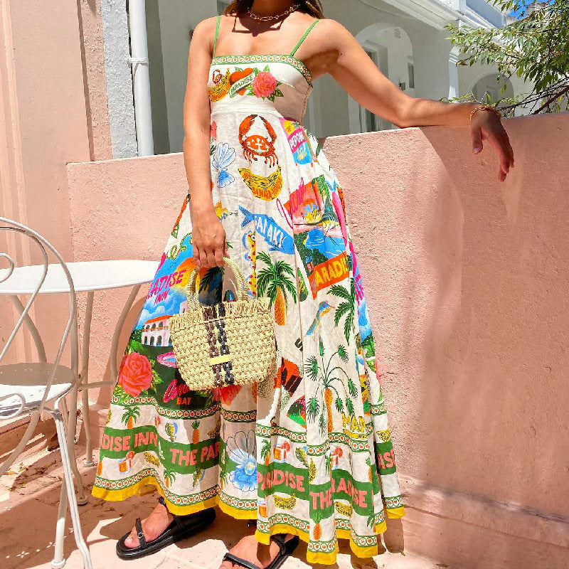 Women's Summer Casual Graffiti Print Sling Maxi Dress