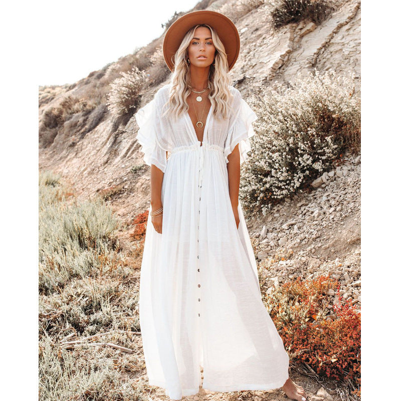 Women's Elegant Solid Color Beach Drawstring Short Sleeves Ruffled Maxi Dress