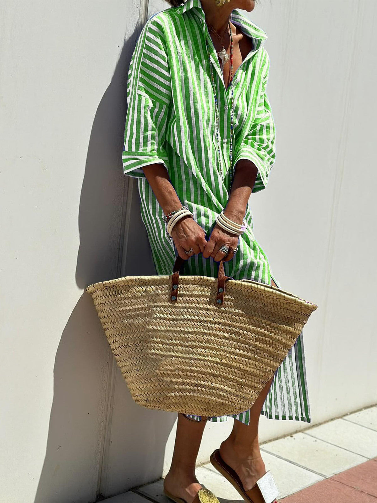 Women's Casual Lapel Stripe Shirt Split Midi Dress