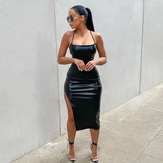 Pu Leather Nightclub Style Backless Strap Solid Color Women Side-Slit Midi Dress
