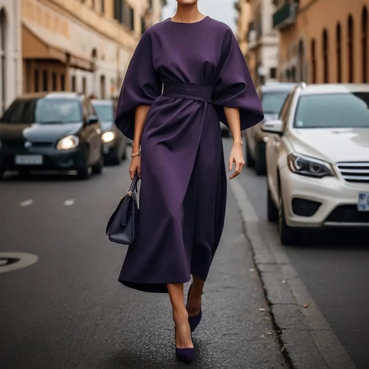 Women's Elegant Solid Color High Waist Bat Sleeve Dress