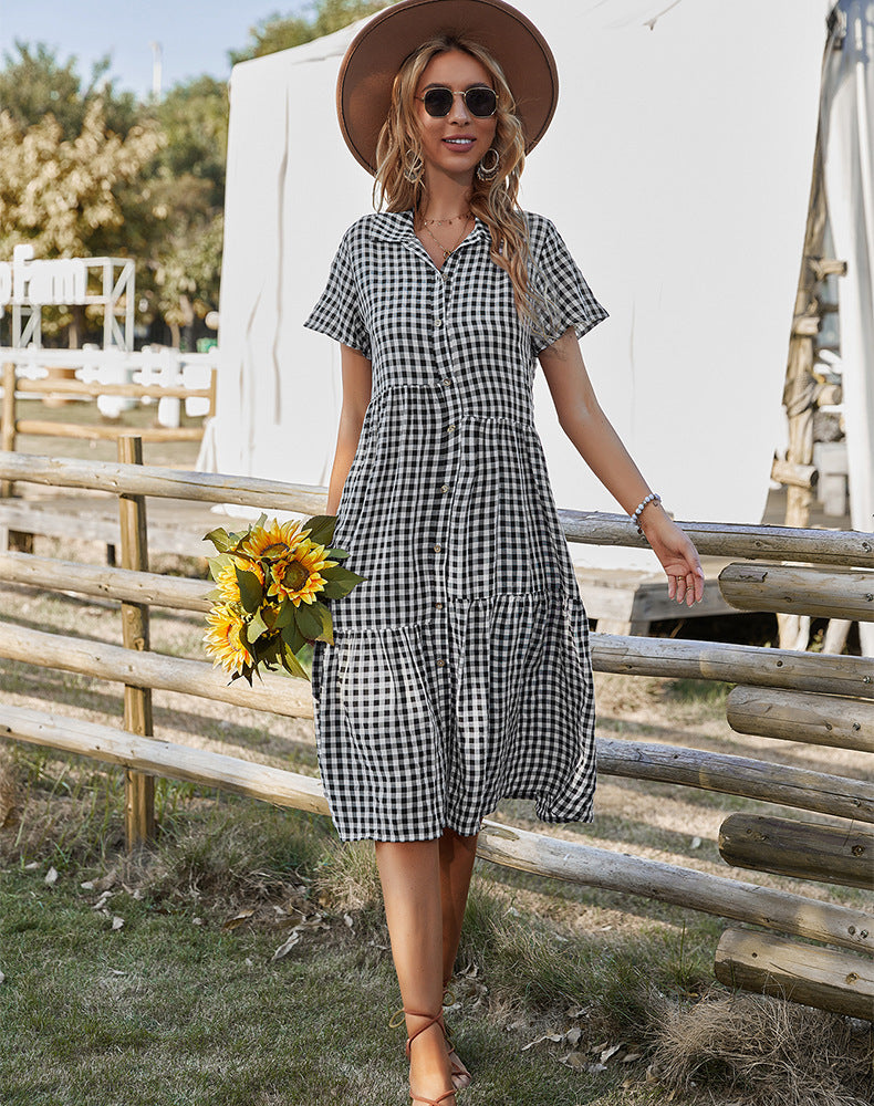 Women's Casual Plaid Single Breasted Lapel Short Sleeve Midi Dress