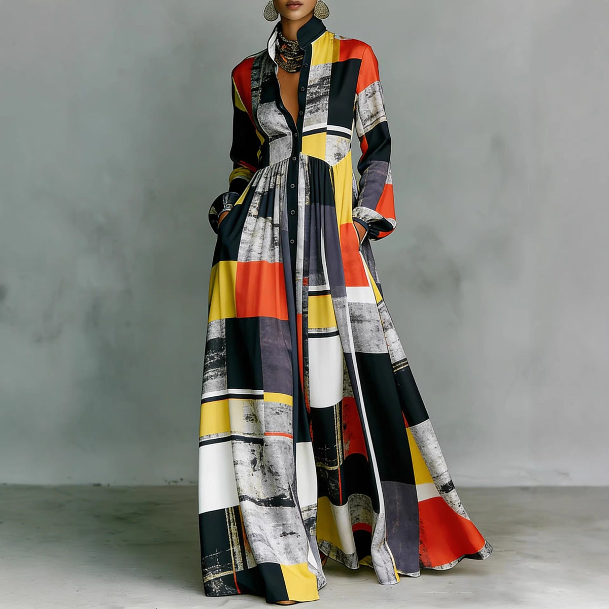 Women's Vacation Casual Elegant Printed Long Sleeve Single-Breasted Maxi Dress
