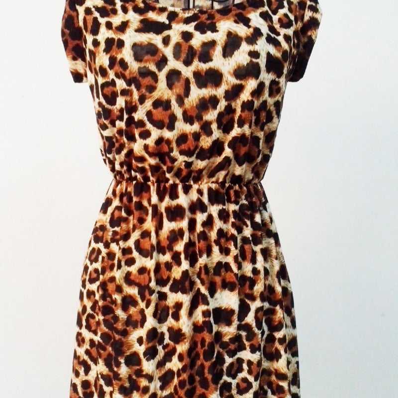 Women's Leopard Houndstooth Print Casual Short Sleeve Round Neck Pleated Dress