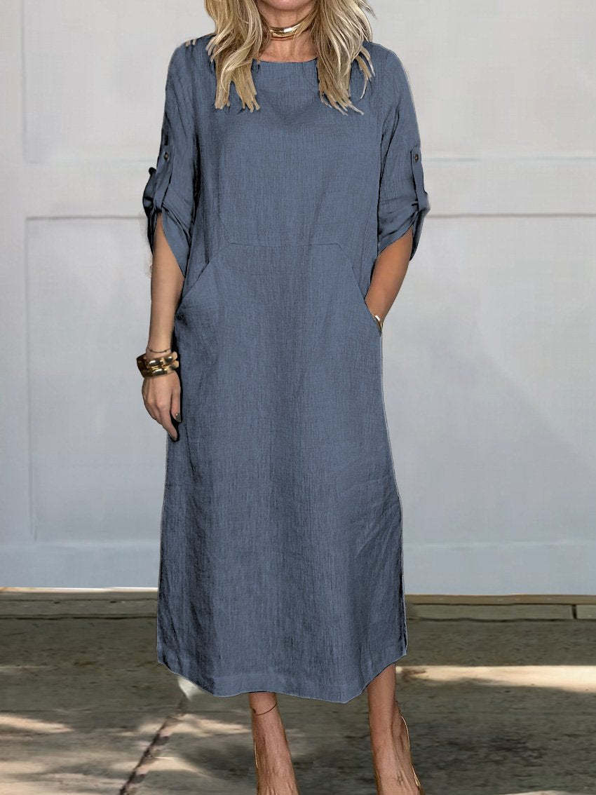 Women's Linen Solid Color Round Neck Short Sleeve Double Side Pocket Dress