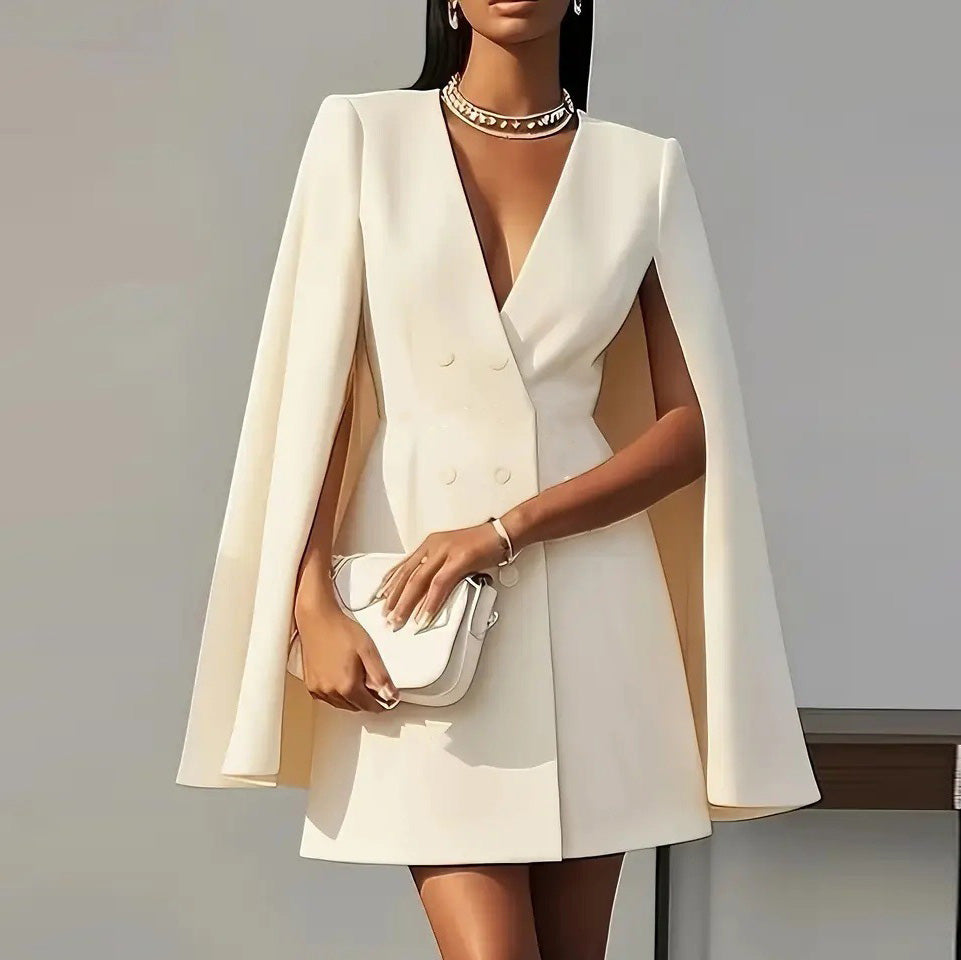 Women's Casual Solid Color Double-Breasted Cape Pleated Dress