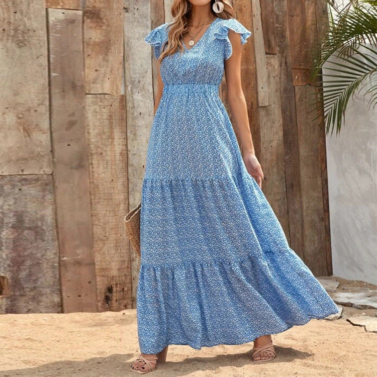 Women's Casual Boho Vacation Printed V-Neck Short Sleeve Loose Dress