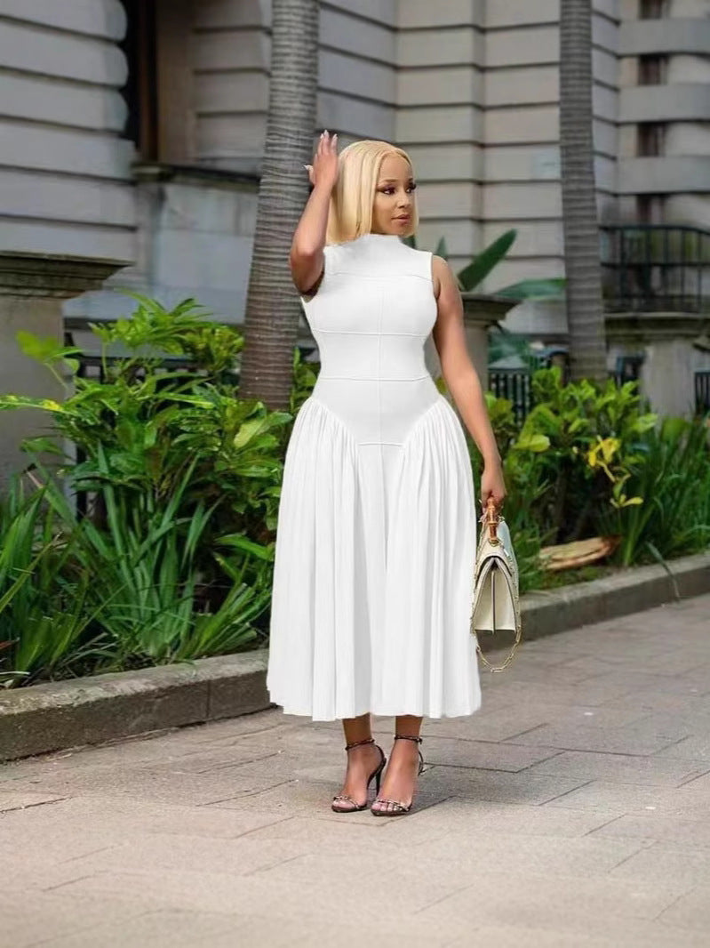 Women's Elegant Solid Color Pleated Stitching Sleeveless Loose Midi Dress