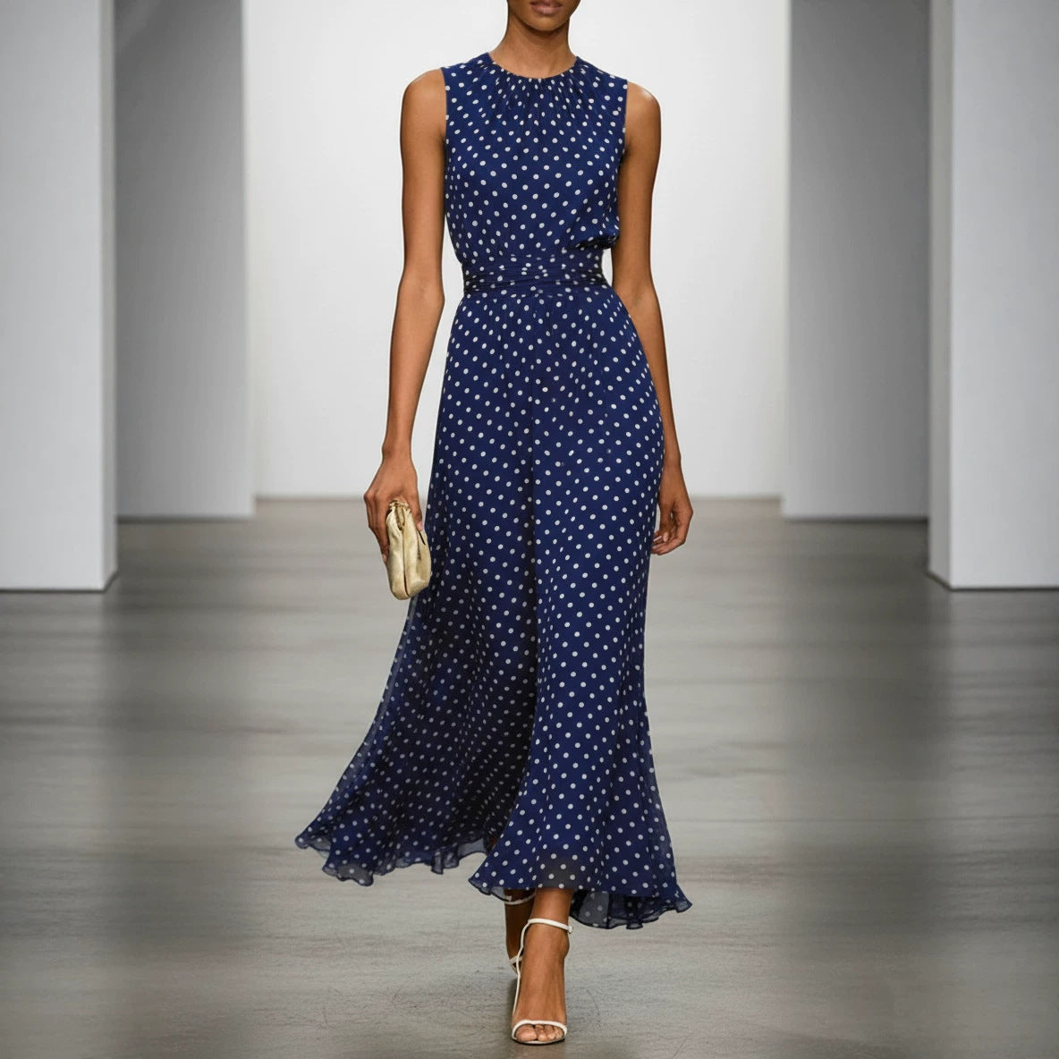 Women's Casual Spring Polka Dots Printed Sleeveless A-Line Dress