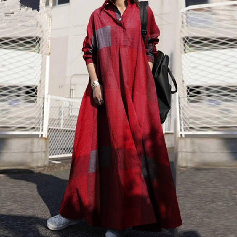 Women's Casual Retro Cotton-Linen Plaid Printed Long Sleeve Loose Dress
