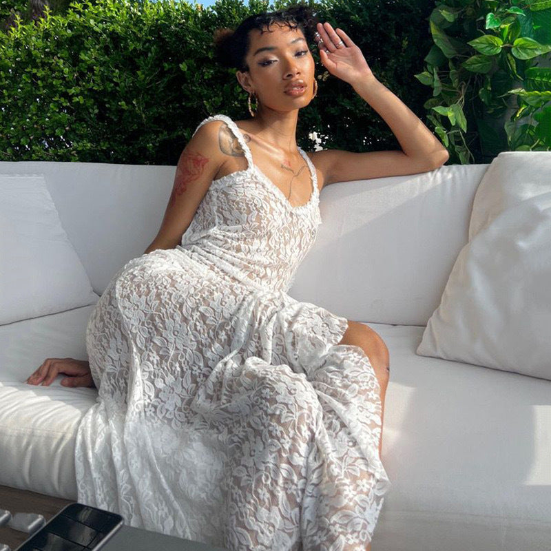 Women's Sexy Halter Lace Perspective Split Dress