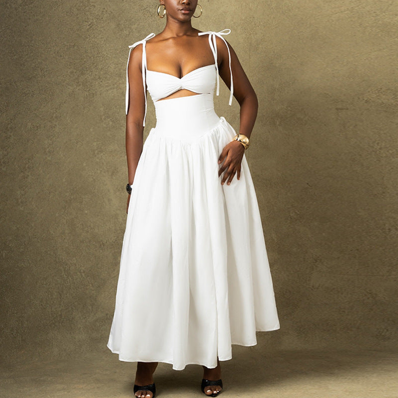 Women's Sexy Solid Color Spaghetti Strap Sleeveless Hollow-Out Loose Dress