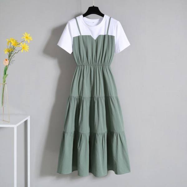 Women's Summer Fake Two-Piece Long Ruffled Short Sleeve Dress