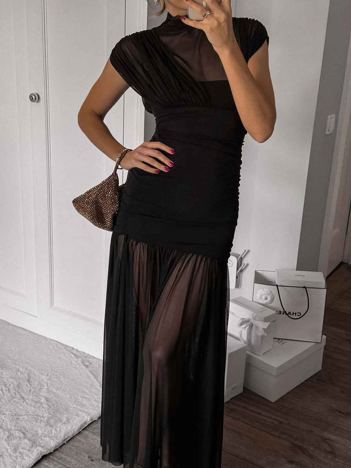 Women's Solid Color Stitching Mesh Perspective Short Sleeve Tight Dress
