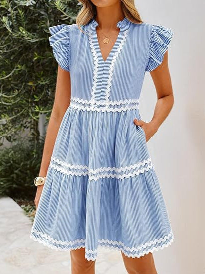 Women's Contrast Color Stripe Stitching V-Neck Lotus Leaf Sleeve A-Line Dress