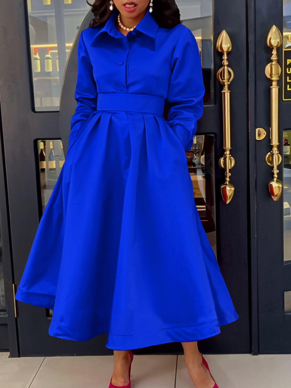 Women's Plus Size Large Swing Solid Color Lapel Long Sleeve A-Line Midi Dress