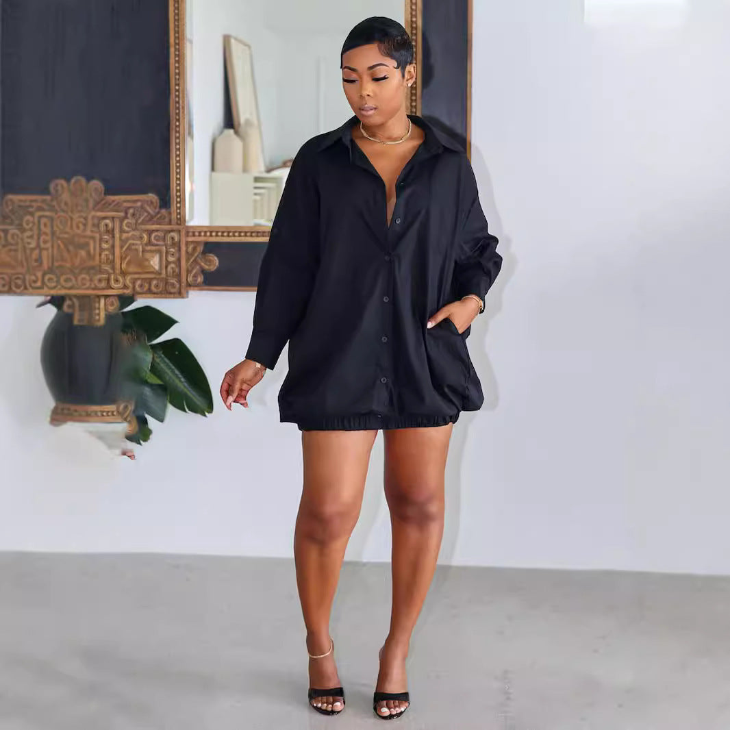 Women's Autumn Solid Color Button Loose Shirt Dress